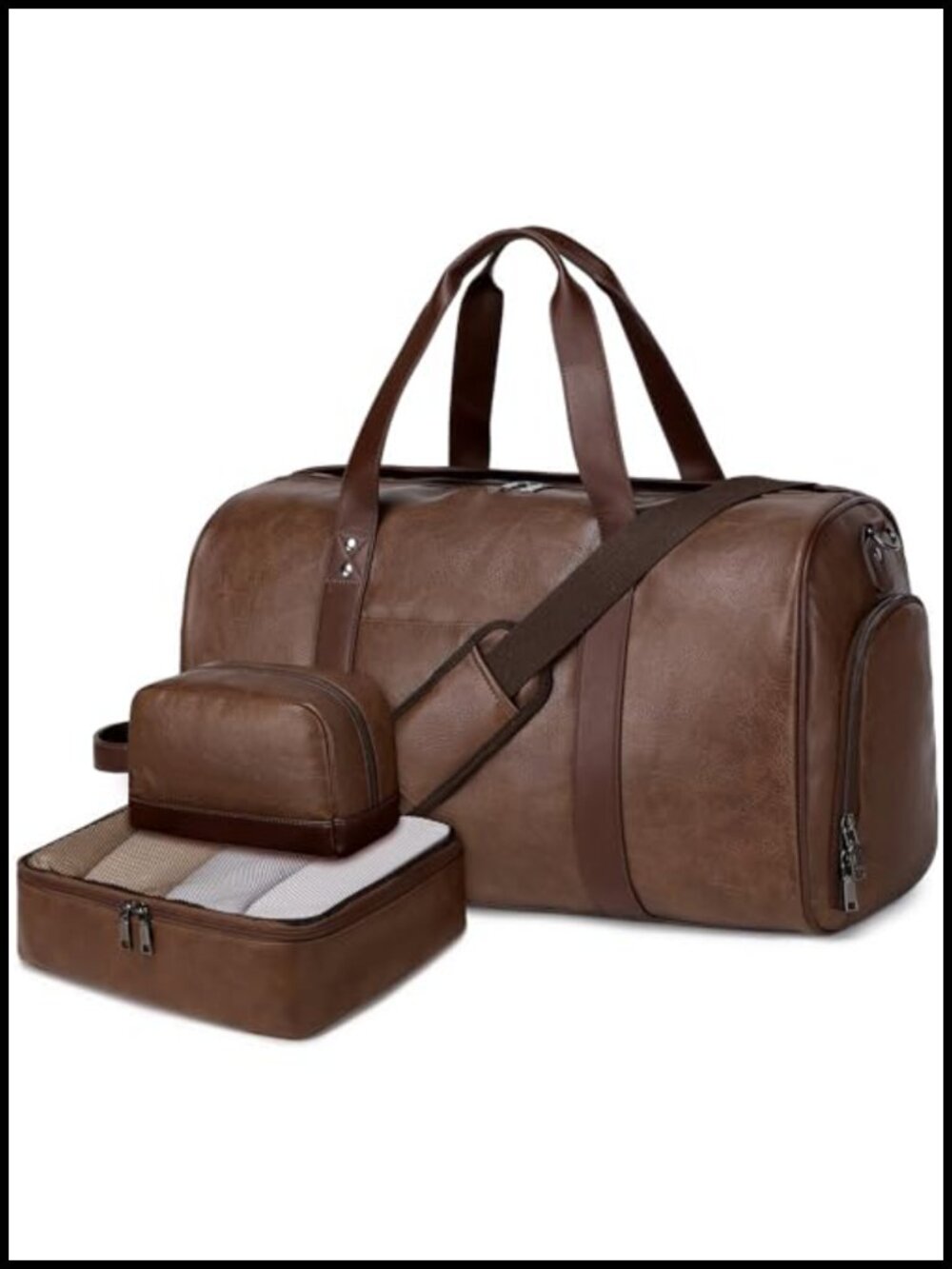 Faux Leather 3-Piece Weekender Bag with Toiletry & Packing Cube